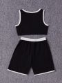 SHEIN Kids EVRYDAY Tween Girls' Knitted Color Block Tank Top And Color Block Shorts Set