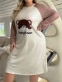 Plus Size Letter & Cartoon Print Batwing Sleeve Nightgown