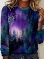 Round Neck Plus Size Forest Starry Sky Colorful Print Long Sleeve T-Shirt