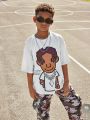 SHEIN Kids Cooltwn Tween Boys' Casual Cartoon Print Round Neck Loose Knit Short Sleeve T-Shirt With Slogan