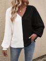 Women's Color Block V-neck Wrap Front Shirred Blouse