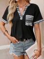 Women's Printed Spliced Notched Neck T-Shirt