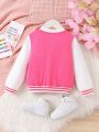 Young Girl Letter Graphic Floral Patched Striped Trim Varsity Jacket