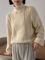 FRIFUL Women'S Solid Color High Neck Cable Knit Sweater With Drop Shoulder Sleeves