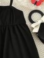 Baby Girls' Polka Dot Puff Sleeve White Top And Black Spaghetti Strap Dress Set