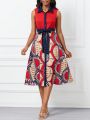 SHEIN Lady Women'S Printed Patchwork Belted Maxi Dress