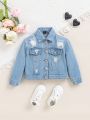 SHEIN Young Girl Cartoon Figure & Slogan Print Ripped Denim Jacket