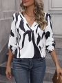 SHEIN LUNE Graphic Print Roll Tab Sleeve Blouse