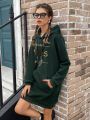 Letter Graphic Kangaroo Pocket Drop Shoulder Drawstring Hoodie Dress