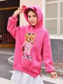 SHEIN Kids EVRYDAY Tween Girls' Knitted Loose Fit Hoodie With Bear Print