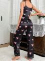 Heart & Eyelash Print Silk-Like Cami Top And Long Pants Pajama Set