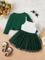 Baby Girls' 2pcs Green Mesh Tutu Dress & Top Set, Suitable For Daily Wear, Casual Occasions, Elegant Parties Or Birthday Parties