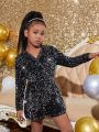 SHEIN Kids Cooltwn Tween Girl 1pc Surplice Neck Sequin Romper