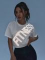 SHEIN Daily&Casual Reflective Letter Print Mesh Sports T-Shirt