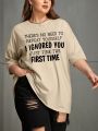 Plus Size Loose Fit Short Sleeve T-shirt With Slogan Print And Drop Shoulder Design