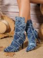 Styleloop Plaid Lined Denim Mid-heel Mid-calf Boots, A Fashionable And Trendy Option