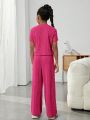 SHEIN Kids Cooltwn Tween Girl Solid Ribbed Knit Tee & Wide Leg Pants