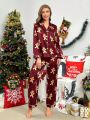 Christmas Gingerbread Man Print Contrast Piping Satin PJ Set