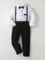 Tween Boys' Plain Long Sleeve Shirt And Suspenders With Trousers Spring New Kids Gentleman Formal Wear Two-Piece Set, Performance Costume, Dress Suit