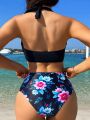 SHEIN Swim Vcay Floral Print Bikini Swimsuit Set With Pleated Detail