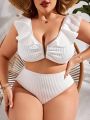 SHEIN Swim Vcay Plus Size Bikini Set With V-Shaped Metal Decoration, Ruffle Hem Detail