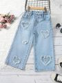 Young Girl Frayed Heart Wide Leg Jeans