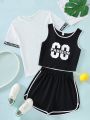 Teenage Girls' Letter Print Short Sleeve T-Shirt, Vest And Shorts Casual 3pcs Outfits