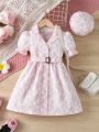 SHEIN Kids CHARMNG Young Girl's Elegant Turn-Down Collar & Puff Sleeve Jacquard Dress With Waist Belt And Hat For Summer