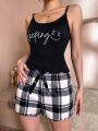 Letter Print Lettuce Edge Cami Top And Plaid Shorts With Bowknot Sleepwear Set