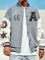 Men Letter Patched Striped Trim Drop Shoulder Varsity Jacket