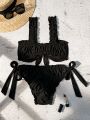 Women's Embroidered Wide Shoulder Strap Swimsuit Set