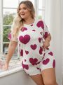 Plus Size Heart Printed Short Sleeve Pajama Set