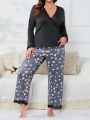 Plus Floral Print Lace Trim PJ Set