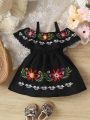 New Arrival Baby Girl Embroidered Off Shoulder Dress With Big Flower Pattern For Spring And Summer