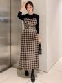 DAZY Plaid Lotus Leaf Clip 2 in 1 Long Sleeve Dress