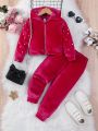 SHEIN Kids SUNSHNE Toddler Girls' Velvet Hooded Top With Pearl Detailing And Elastic Waist Long Pants Set, Long Sleeves