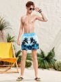 SHEIN Teenage Boys Coconut Tree Printed Casual Vacation Style Swimming Trunks