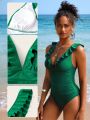 SHEIN Swim Vcay Summer Beach Ruffle Trim Plunging Neck One Piece Swimsuit