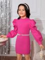 SHEIN Kids FANZEY Young Girl Mock Neck Puff Sleeve Dress Without Belt