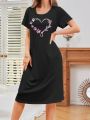 Ladies' Short Sleeve Sleep Dress With Heart Pattern