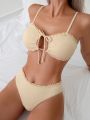 Women's Solid Color Pleated Drawstring Cami Bikini Set