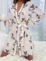 Women's Butterfly Printed Belted Robe