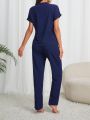 Women's Short Sleeve Stand Collar Top And Long Pants Homewear Set