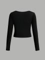 SHEIN 3pcs/Set Tween Girls' Casual Knitted Solid Color Square Neck Long Sleeve T-Shirt