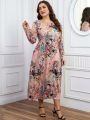 Plus Size Full Blooming Flower Print Long Sleeve Dress