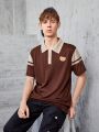 Teenagers (Male) Contrast Color Bear Embroidered Button Half Cardigan Polo Shirt