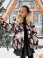 SHEIN Kids Cooltwn Young Girl Floral Print Fuzzy Trim Hooded Winter Coat