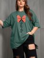 Plus Size Women's Butterfly & Letter Printed Oversized T-shirt With Drop Shoulder