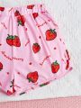 SHEIN Kids QTFun Girls' Knitted Letter Cute Strawberry Pattern Casual Shorts