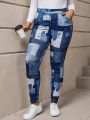 Plus Size Pants With Slanted Pockets And Patchwork Pattern Design